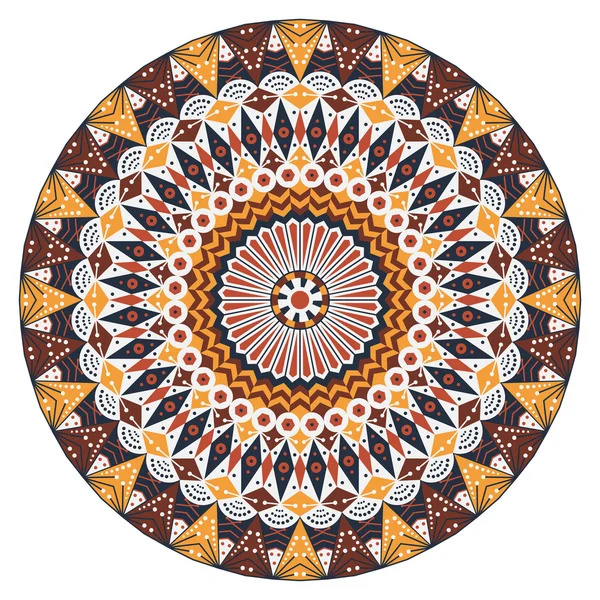 Circular mandala with orange, brown and white geometric patterns in symmetrical design