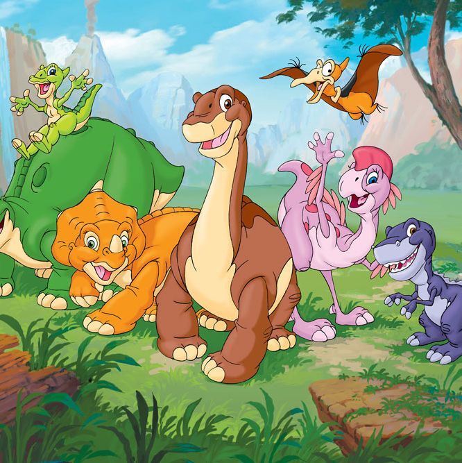 Cartoon baby dinosaurs smiling together in a green prehistoric landscape with mountains