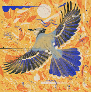 Stylized blue and gray bird flying over an abstract orange patterned background