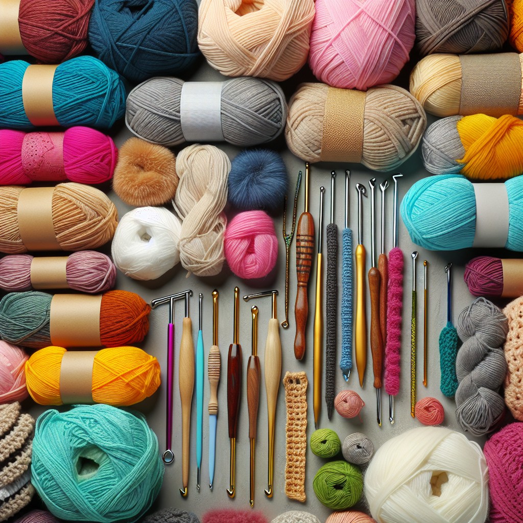 Colorful yarn balls and crochet hooks arranged in a flat lay on a white background