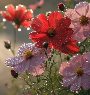 Cosmos Flowers with Dewdrops