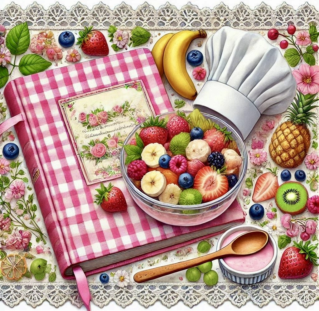 Bowl of mixed fruit beside a chef hat, pink gingham cookbook and wooden spoon