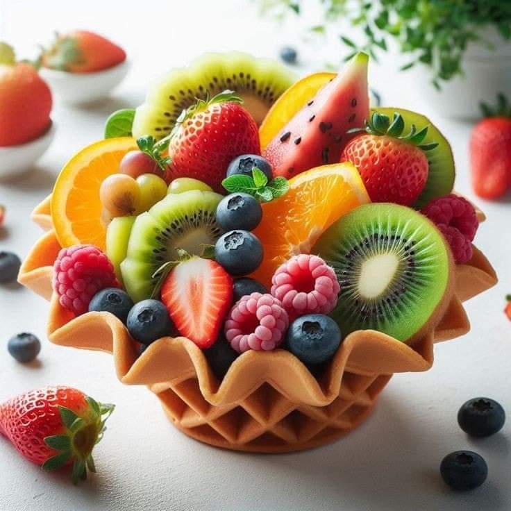 Waffle basket filled with assorted fresh fruit including kiwi, strawberries, oranges, and berries