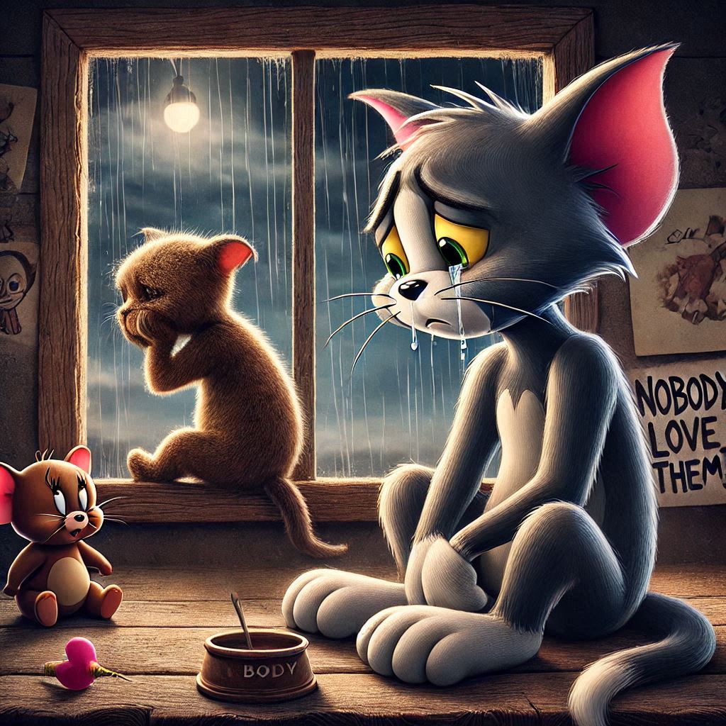 Gray cat sits indoors watching brown mouse outside window on rainy night with teddy bear nearby