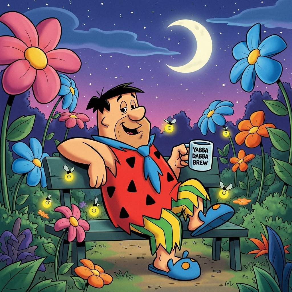 Fred Flintstone cartoon sitting on a bench in a colorful flower garden at night