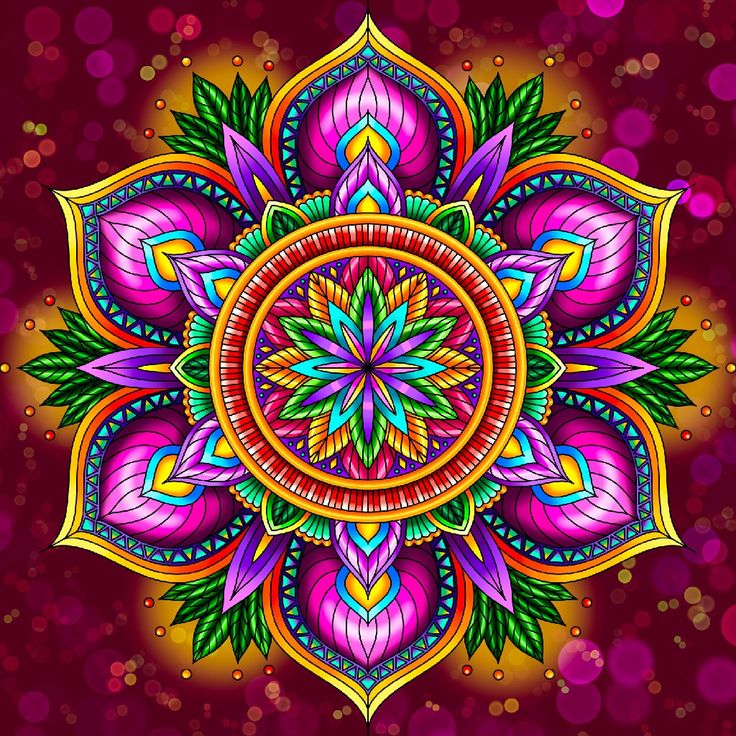 Ornate mandala with rainbow colored petals radiating from center on red background