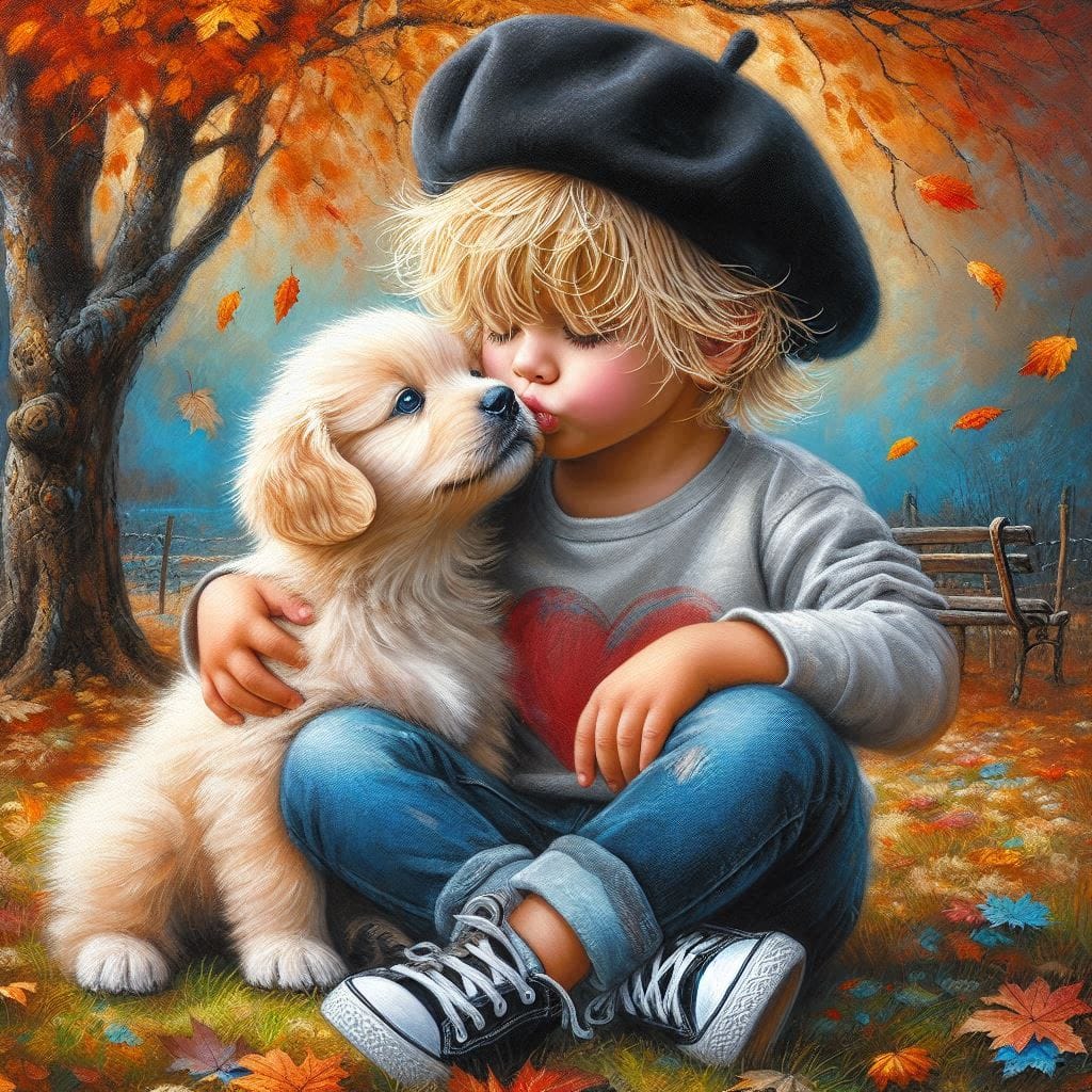 Child with Puppy in Autumn