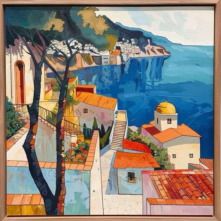 Vibrant painted coastal village with white buildings, orange roofs, and blue sea framed by tree