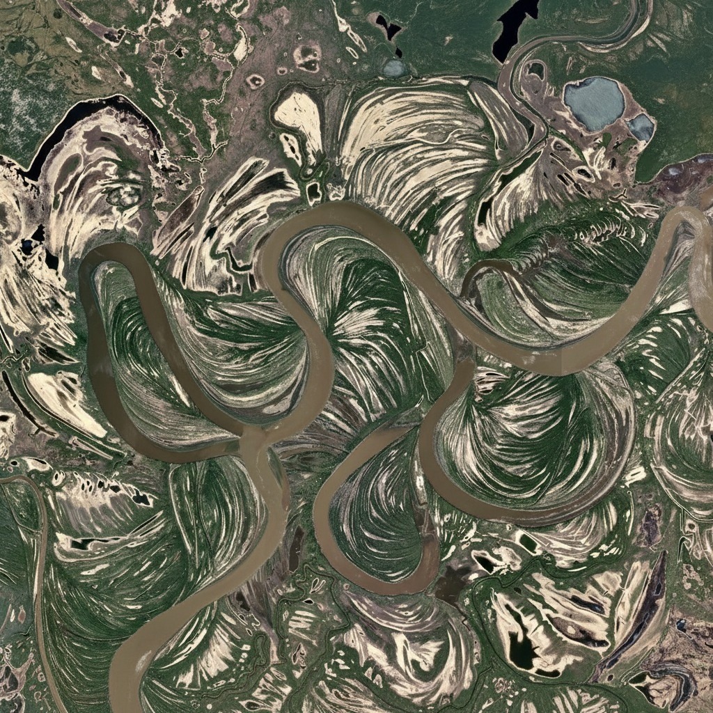 Aerial view of the Koyukuk River meandering through patterned terrain in Alaska