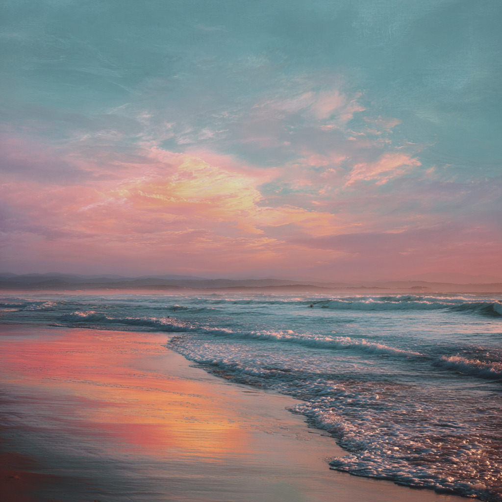 Tranquil beach sunset with pastel pink and turquoise sky reflected on wet sand and calm ocean waves