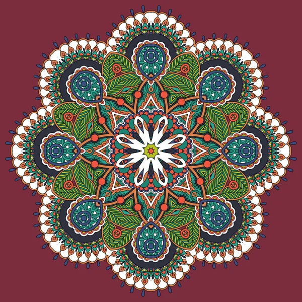 Symmetrical mandala with teal and green floral patterns, white center flower, ornate geometric design on burgundy background