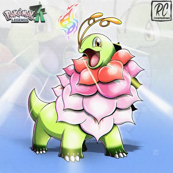 Illustration of Mega Meganium Pokemon character with pink flower collar and rainbow energy aura