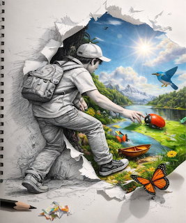 Pencil sketch of a boy reaching into a colorful landscape with mountains, lake, birds, and butterflies