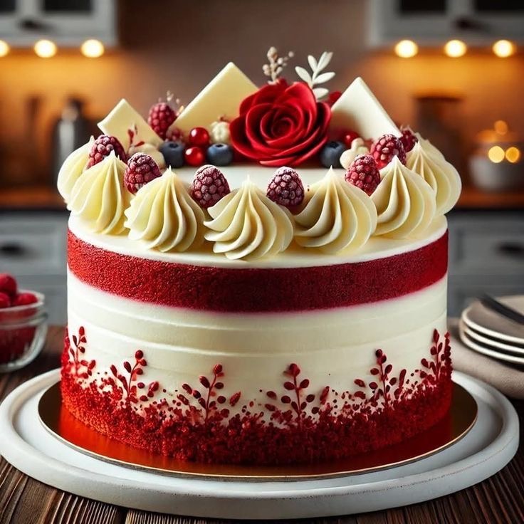 White and red decorated cake with cream swirls, raspberries, and a red rose topper
