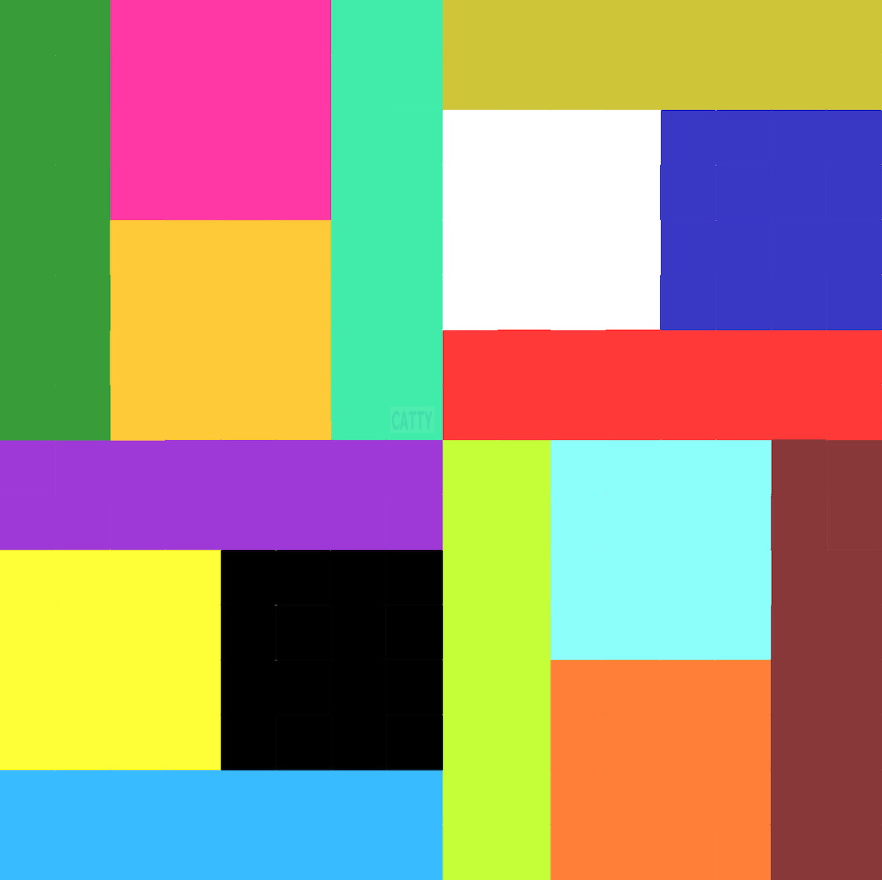 Grid of colorful rectangular blocks in green, pink, yellow, cyan, blue, red, purple, black, orange, and brown