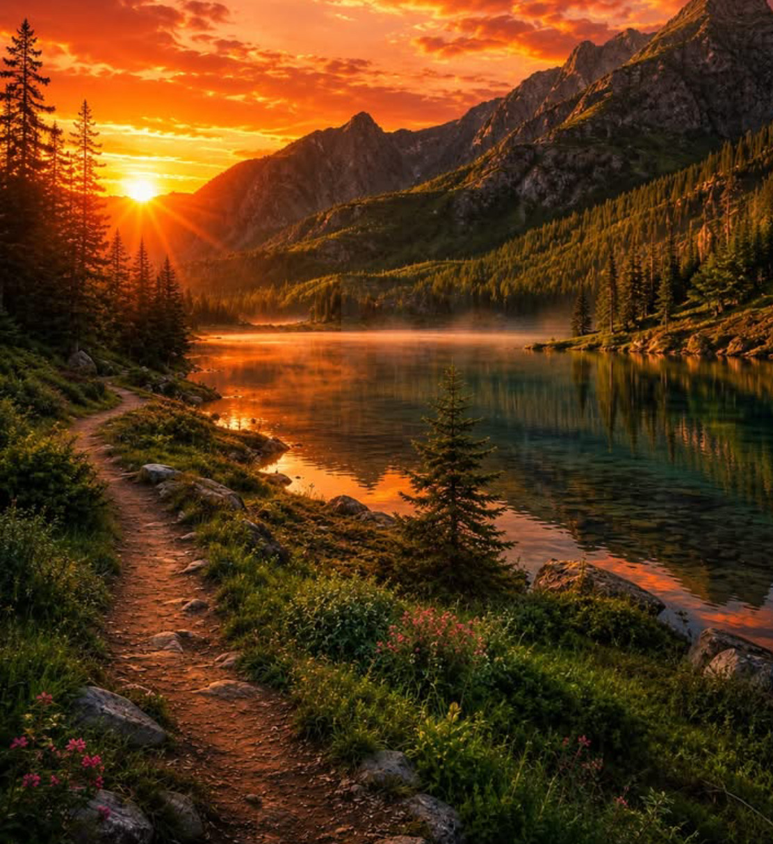 Mountain lake at sunrise with orange sky, rocky peaks, evergreens, and path along shore reflected in water