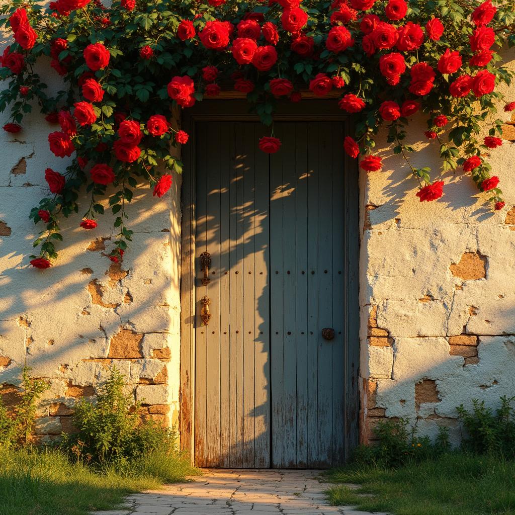 Wooden door in old stone wall with red flowers cascading above