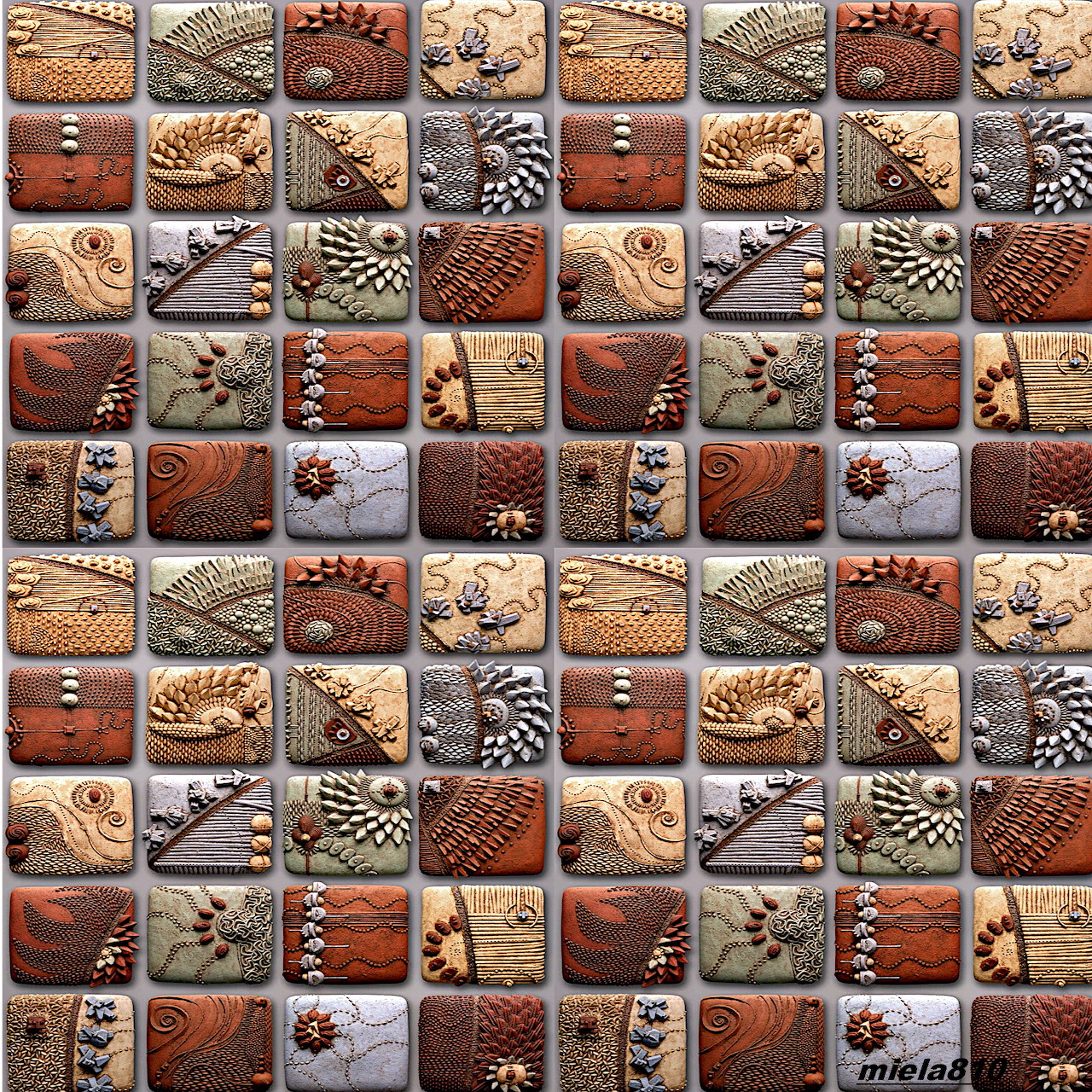 Grid collage of pinecones, shells, leaves, stones and feathers in earthy brown and beige tones