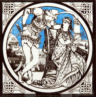 Victorian Minton ceramic tile by Moyr Smith showing a camel and robed woman in a circular frame with Celtic corners