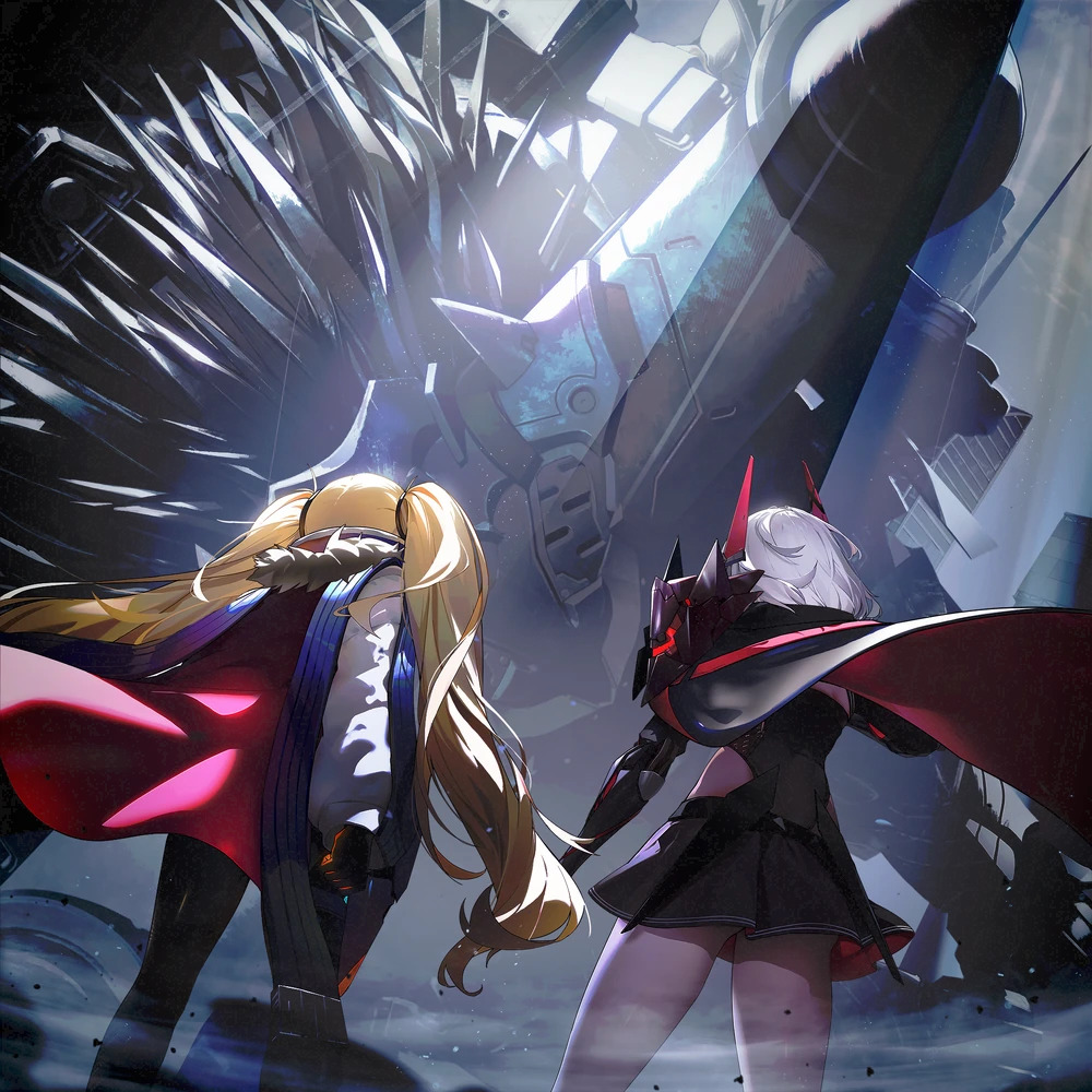 Two anime characters in combat gear face a giant mech in a frozen battlefield with ice crystals