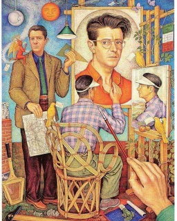 Colorful painting of an artist in a studio with a self-portrait, surrounded by other figures and art supplies