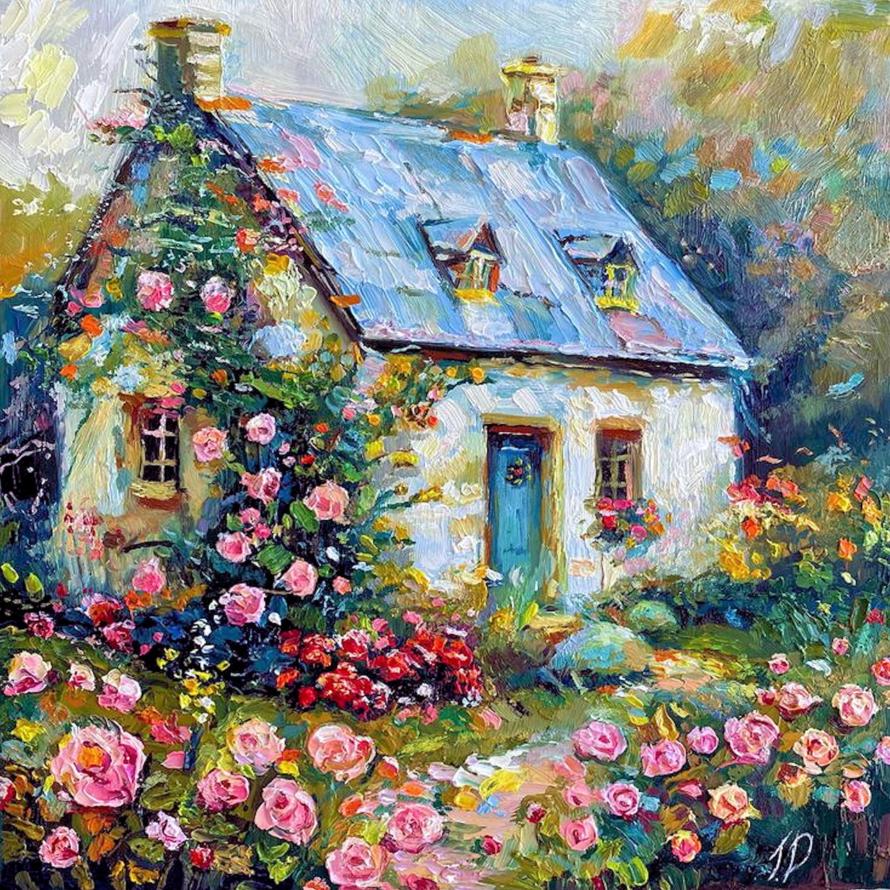 Impressionist painting of thatched cottage with colorful flower garden