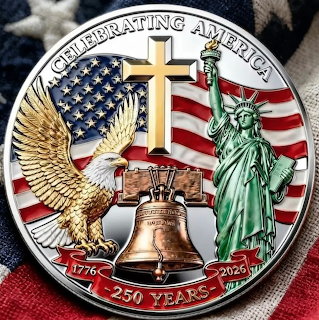 Commemorative coin showing American patriotic symbols including Statue of Liberty, eagle, Liberty Bell, and flag