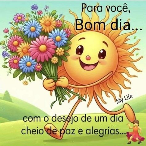 Smiling cartoon sun with arms and legs holding a bouquet of colorful flowers