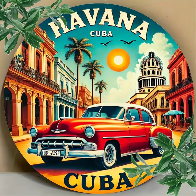 Colorful Havana Cuba illustration with a vintage red car, palm trees, and the Capitol dome