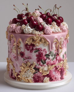 Pink decorated cake topped with cherries and cream, featuring floral designs and gold accents
