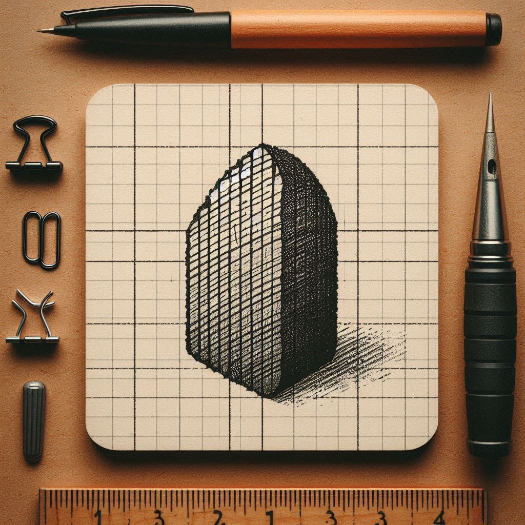 Geometric optical illusion sketch on grid paper with pens, clips, and a ruler on a desk