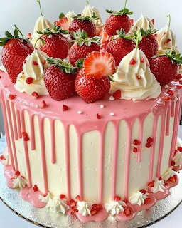 White cake with pink drip glaze, topped with strawberries and whipped cream rosettes