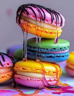 Stack of rainbow-colored macarons drizzled with chocolate sauce on a reflective surface