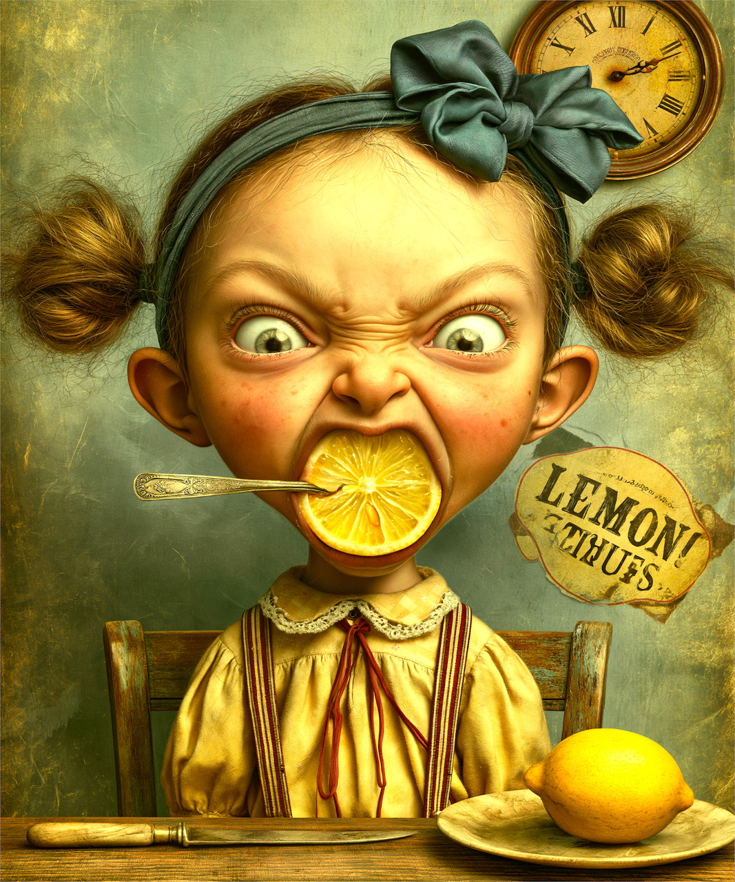 Stylized girl portrait with a lemon slice in her mouth and a whole lemon on a plate