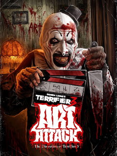 Sinister clown with bloody face paint in black and white costume holding red horror film sign