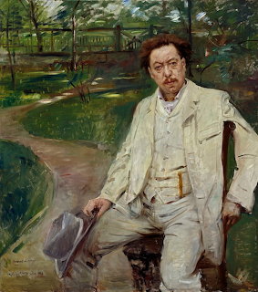 Impressionist oil painting of a man in a white suit seated outdoors holding a hat in a green park