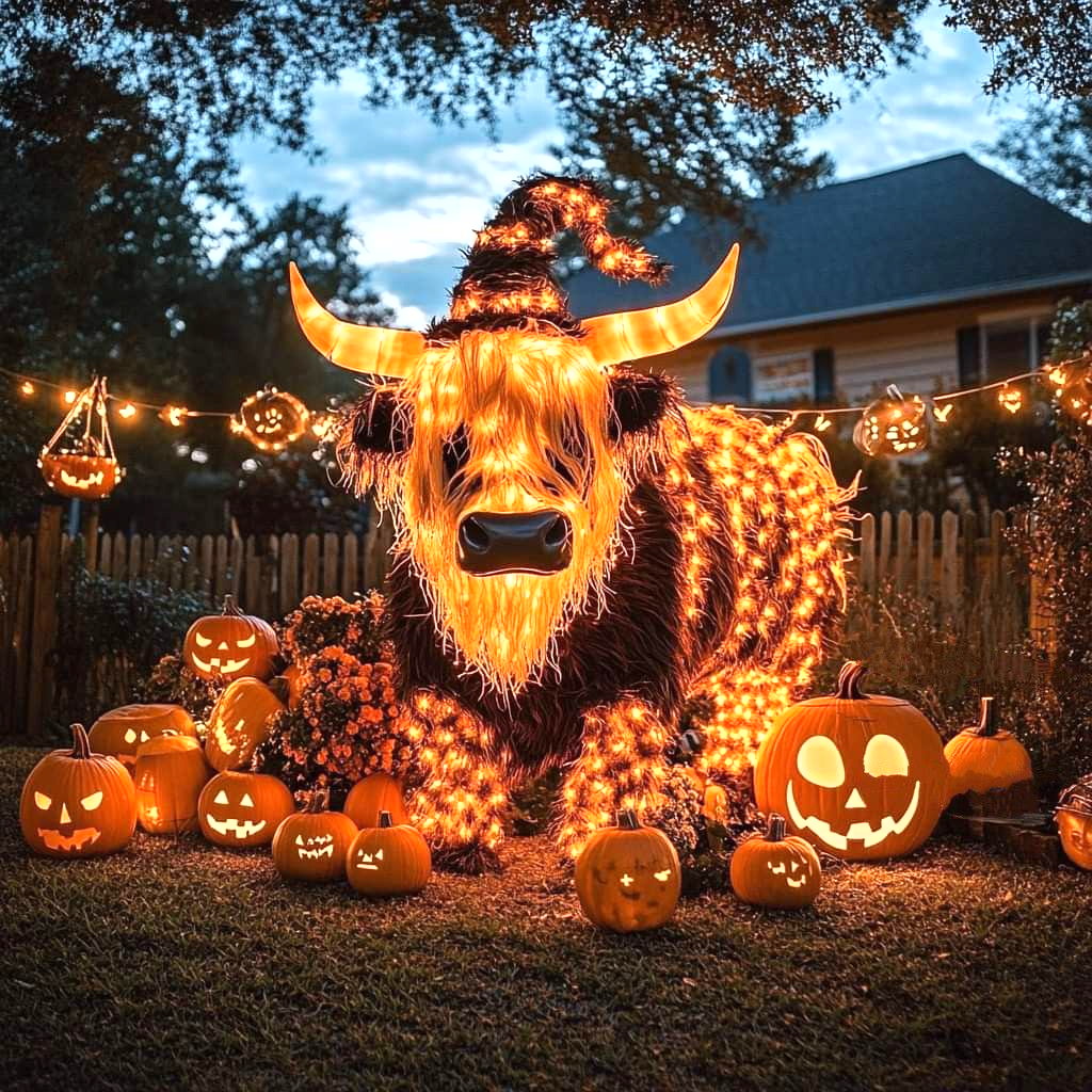 Illuminated highland cow decoration with witch hat surrounded by jack-o-lanterns in a Halloween yard display