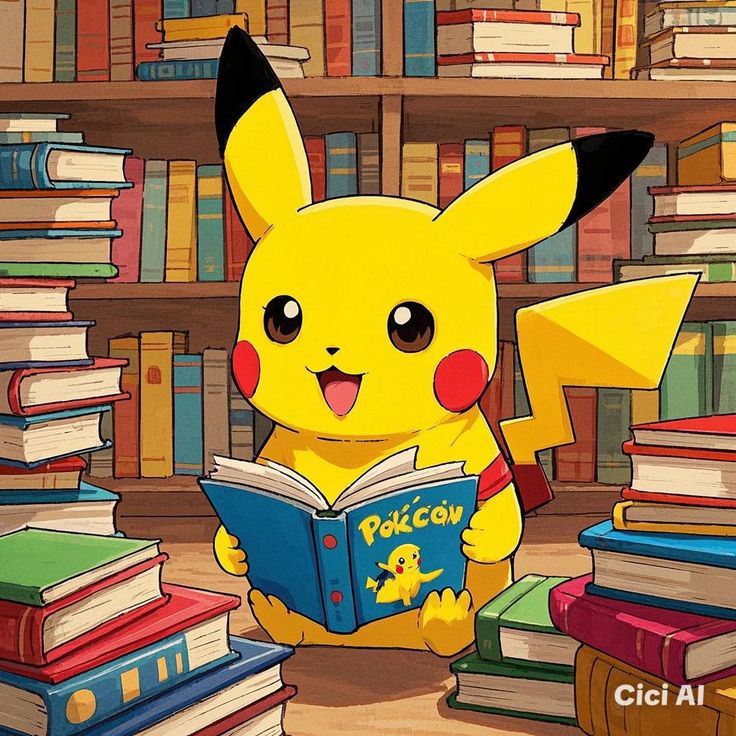 Pikachu character sitting and reading a book surrounded by library bookshelves