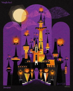 Stylized purple and orange Halloween castle illustration with pumpkins, bats, and a full moon