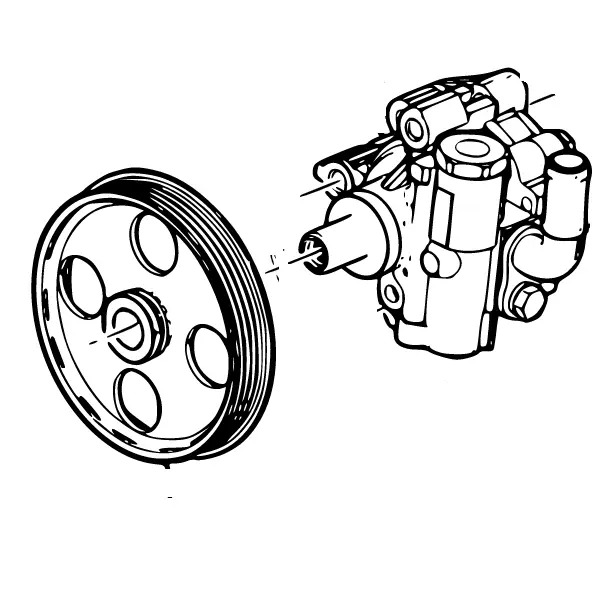 Black and white line drawing of a hydraulic pump and round pulley part