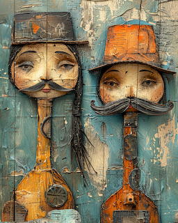 Steampunk illustration of two Victorian men with mustaches, top hats, and mechanical ornaments on distressed teal wood