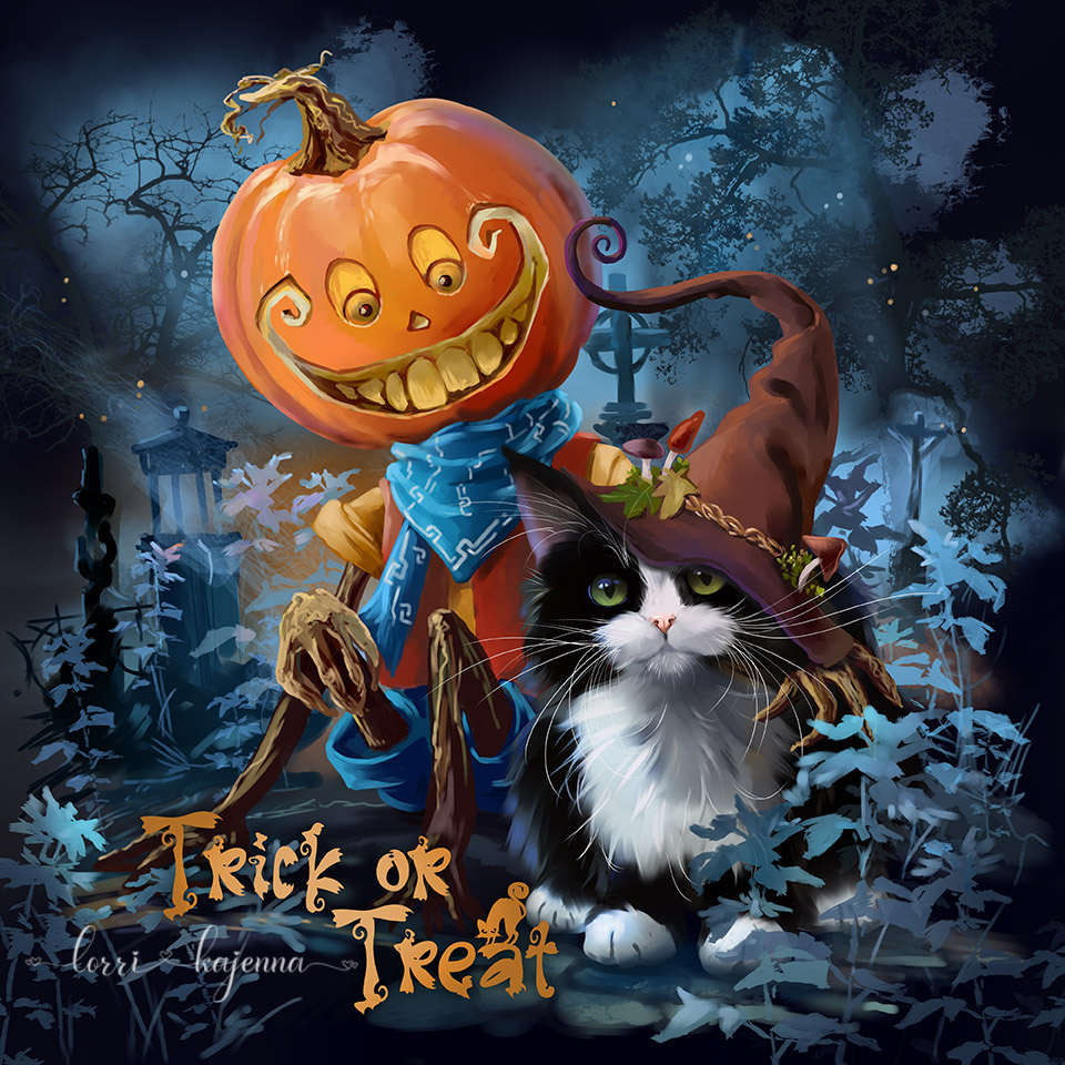 Black and white cat sitting next to a scarecrow with a carved pumpkin head in a moonlit graveyard scene