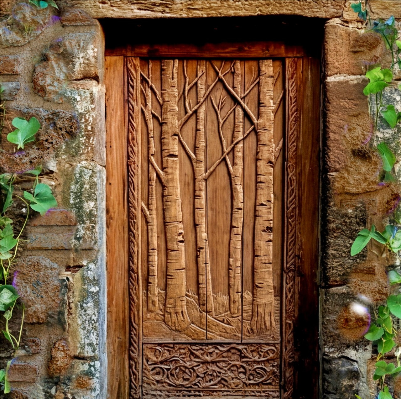 Carved wooden door in a rustic stone wall with green vines