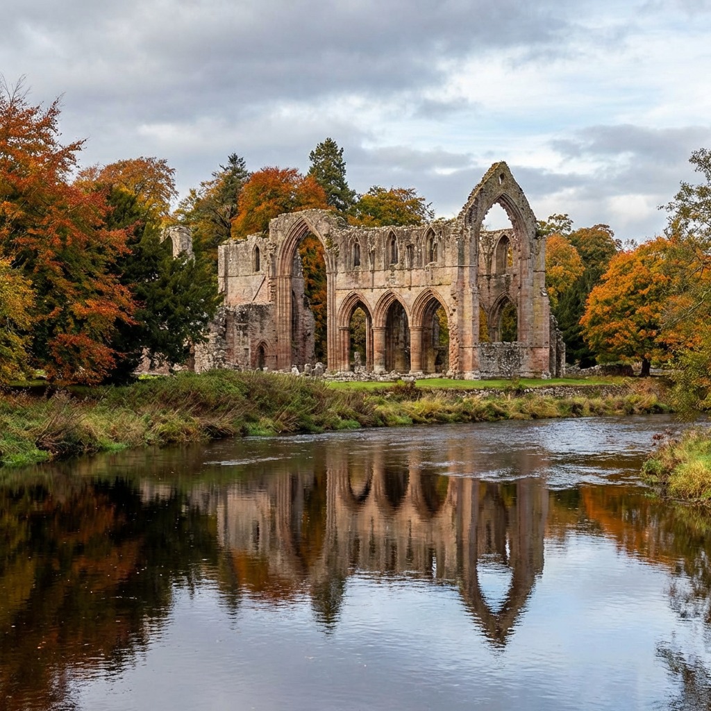 Ruined Gothic abbey with pointed arches reflected in still water surrounded by autumn foliage