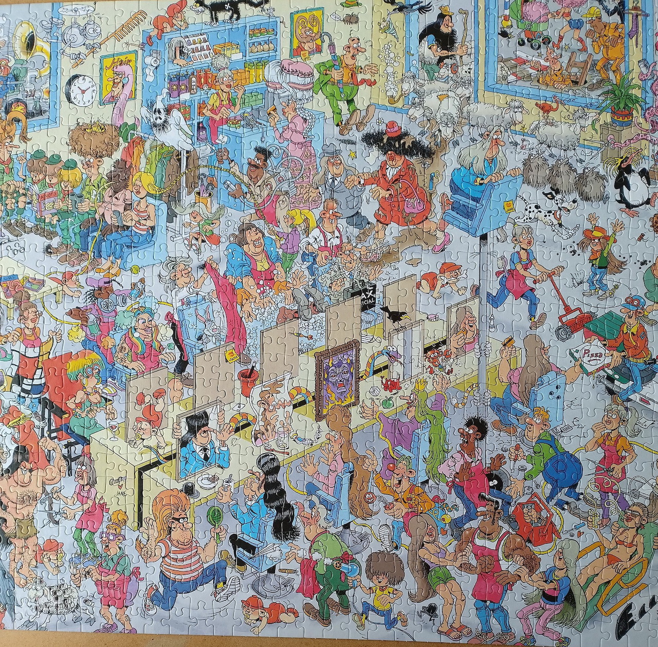 Crowded cartoon house interior packed with people, animals, and colorful everyday scenes