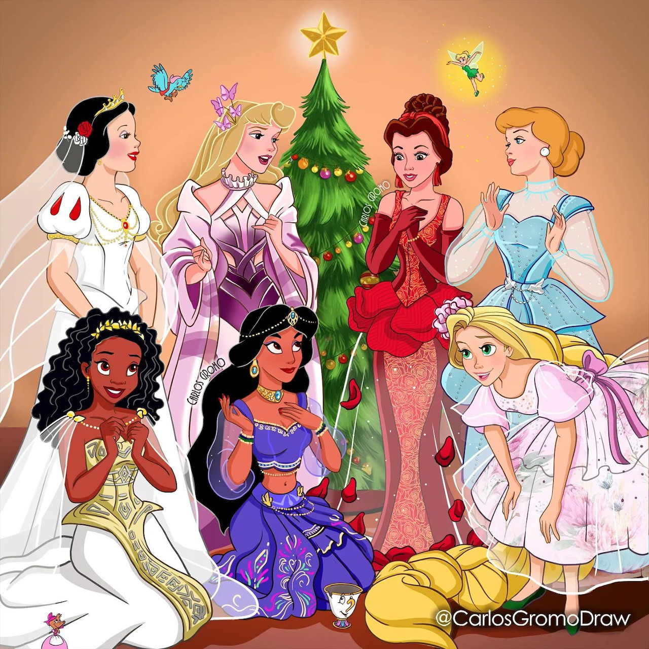 Eight Disney princess characters in formal dresses standing around a Christmas tree