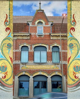 Red brick building with Art Nouveau mosaic tile decorations in swirling colorful patterns on the facade