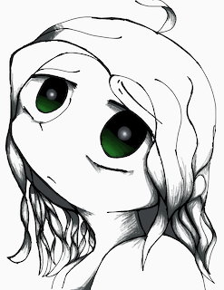 Black and white drawing of a girl with big green eyes and long wavy hair in anime style