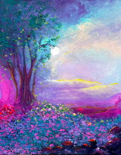 Fantasy landscape with glowing tree and purple flower field under colorful sky