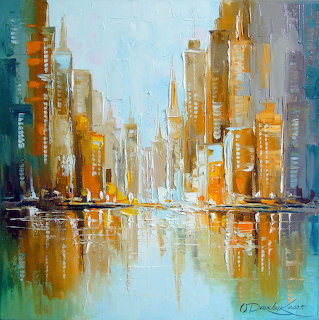 Abstract impressionist painting of golden city skyline reflecting in water with blue and orange hues